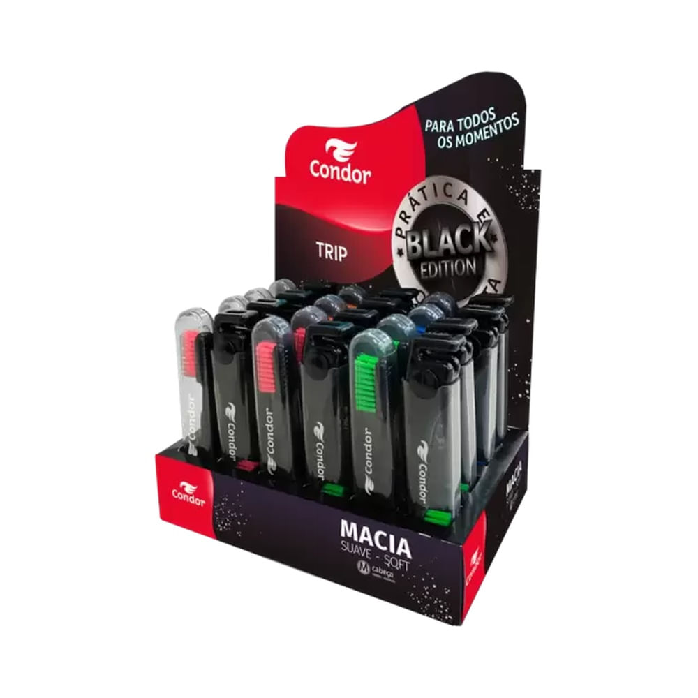 Escova Dental Condor Trip Black Edition em embalagem com 12 unidades coloridas